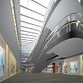 Modern Shopping Mall Interior With Glass Skylight Multi Level Walkways And Bright Storefronts