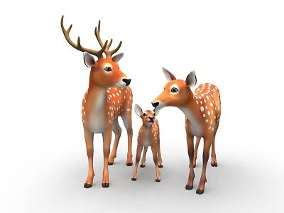 Three Deer Male With Antlers Female And Fawn Standing With Brown Bodies White Spots 3d model