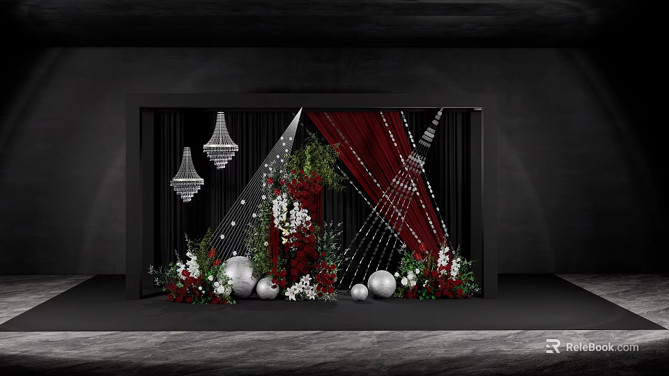 Elegant Banquet Hall With Red Curtains Green Plants White Red Flowers Chandeliers And Silver Spheres 3d model 