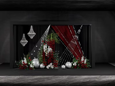Elegant Banquet Hall With Red Curtains Green Plants White Red Flowers Chandeliers And Silver Spheres 3d model