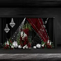 Elegant Banquet Hall With Red Curtains Green Plants White Red Flowers Chandeliers And Silver Spheres