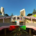 Vibrant Commercial Street Entrance with Tall Buildings Colorful Decorations Palm Trees and Vans