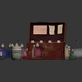 Vintage Wooden Storage Chest With Open Lid And Assorted Glass Bottles Jars