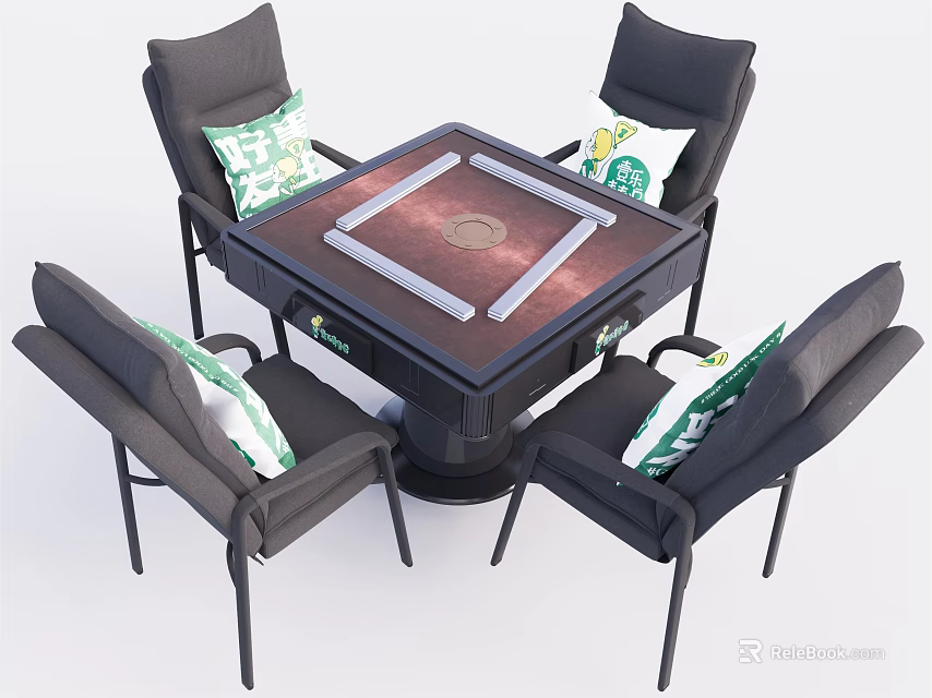 Modern Square Mahjong Table and Chair Set With Black Chairs Green White Cushions 3d model 