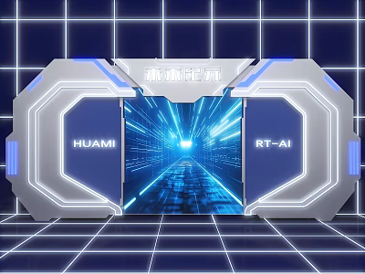 Modern Tech Style Event Entrance With HUAMI RT-AI Branding Blue Glowing Lines And Grid Background 3d model