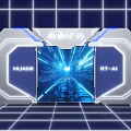 Modern Tech Style Event Entrance With HUAMI RT-AI Branding Blue Glowing Lines And Grid Background