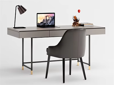 Modern Desk With Laptop Table Lamp Decorative Vase Books And Gray Chair 3d model