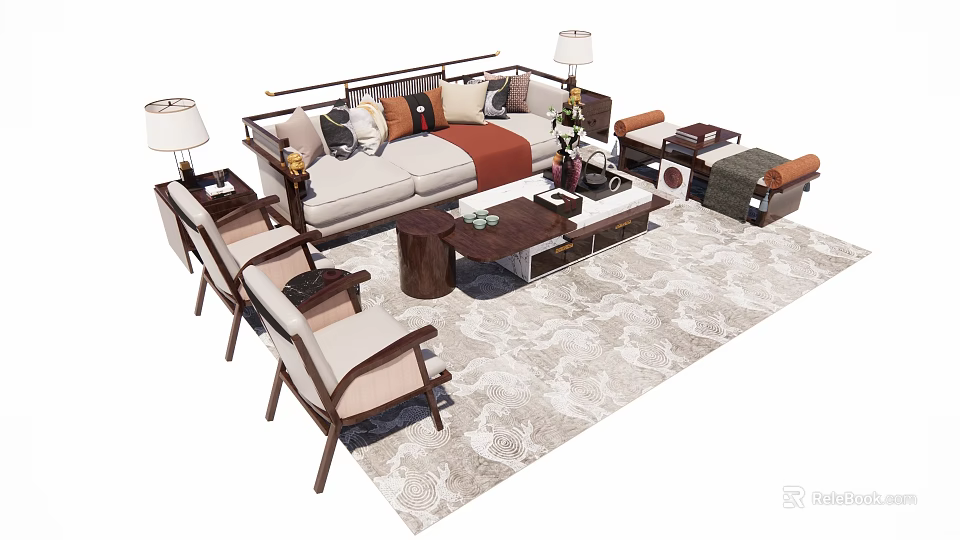 Stylish Sofa and Coffee Table Set with Decorative Pillows Wooden Side Tables and Patterned Rug 3d model