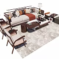 Stylish Sofa and Coffee Table Set with Decorative Pillows Wooden Side Tables and Patterned Rug 3d model