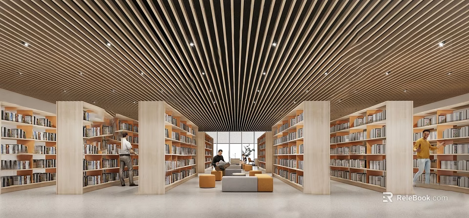 Book Art Library Interior With Wooden Ceiling Large Windows Bookshelves Readers Sofa And Small Tables 3d model 