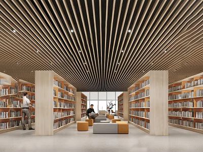 Book Art Library Interior With Wooden Ceiling Large Windows Bookshelves Readers Sofa And Small Tables 3d model