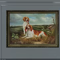 Framed Animal Painting With Two Dogs Standing And Lying On Grassland Sky Clouds Plants Rocks