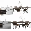 Modern Interior Dining Table Set With Marble Island Counter And Matching Chairs 3d model