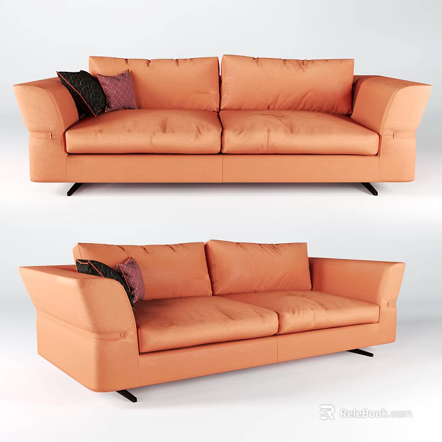 Modern Orange Double Sofa with Decorative Pillows and Comfortable Upholstered Design 3d model