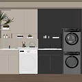 Modern Laundry Room With Washing Machine Dryer Cabinets And Green Plant
