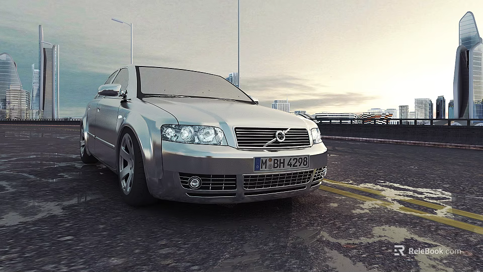 Silver Sedan Parked on Wet Asphalt Road With City Skyline and Street Lights 3d model 