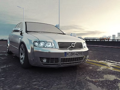 Silver Sedan Parked on Wet Asphalt Road With City Skyline and Street Lights 3d model