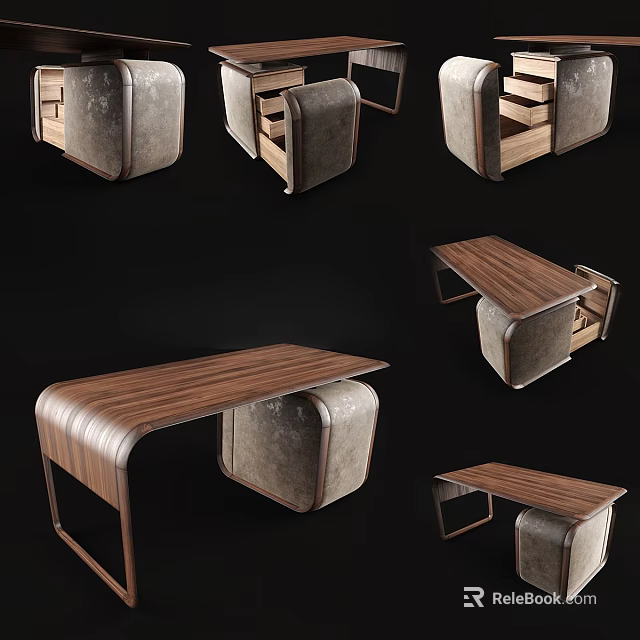 Modern Wooden Desk With Upholstered Storage In Multiple Views And Curved Design 3d model 
