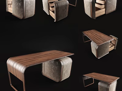 Modern Wooden Desk With Upholstered Storage In Multiple Views And Curved Design 3d model
