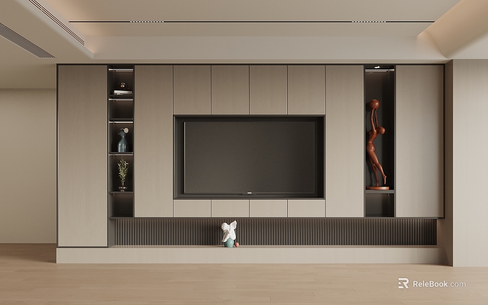 Modern TV Background Wall Design With Light Wooden Cabinets Decorative Vase Rabbit Ornament And Statue 3d model 