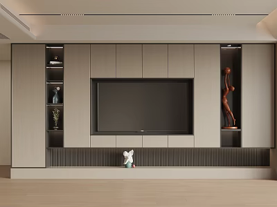 Modern TV Background Wall Design With Light Wooden Cabinets Decorative Vase Rabbit Ornament And Statue 3d model