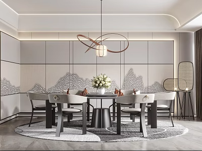 Elegant Modern Restaurant Interior Featuring Round Dining Table Chairs Pendant Light And Patterned Wall Panels 3d model