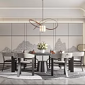 Elegant Modern Restaurant Interior Featuring Round Dining Table Chairs Pendant Light And Patterned Wall Panels