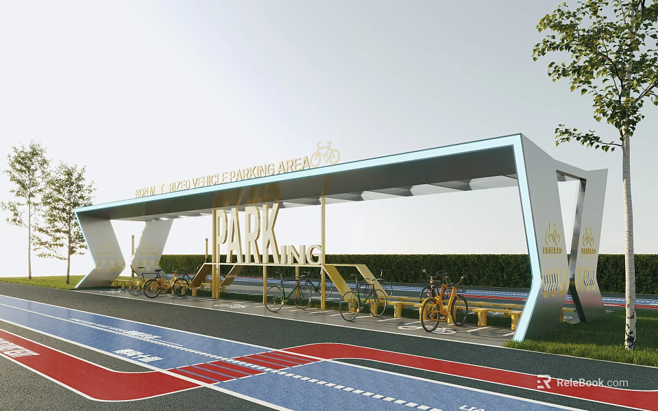 Covered Bicycle Parking Shelter in Park With Bicycle Lanes And Trees 3d model 