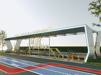 Covered Bicycle Parking Shelter in Park With Bicycle Lanes And Trees 3d model