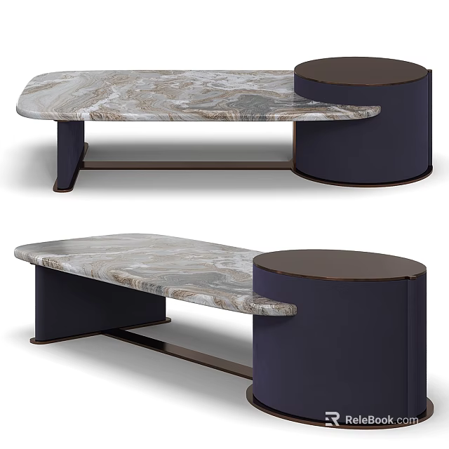 Modern Coffee Table With Marble Veined Top And Navy Blue Cylindrical Base 3d model 