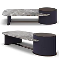 Modern Coffee Table With Marble Veined Top And Navy Blue Cylindrical Base