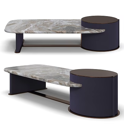 Modern Coffee Table With Marble Veined Top And Navy Blue Cylindrical Base 3d model