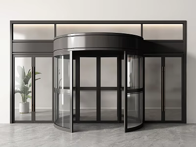 Modern Commercial Entrance Revolving Door With Glass Panels And Black Frame 3d model