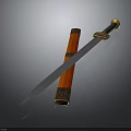 Traditional Decorative Carved Sword With Intricate Metal Blade And Wooden Scabbard