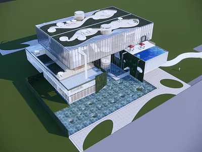 Modern Sales Office Building With Glass Curtain Wall Green Roof And Landscaped Water Feature Garden 3d model