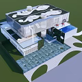 Modern Sales Office Building With Glass Curtain Wall Green Roof And Landscaped Water Feature Garden