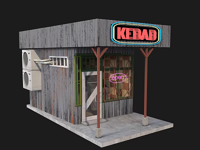 Cartoon Style Kebab Stand With Neon Sign Wooden Walls Open Sign And AC Unit 3d model