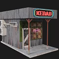 Cartoon Style Kebab Stand With Neon Sign Wooden Walls Open Sign And AC Unit