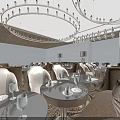 Elegant Restaurant Interior With Round Tables White Chairs Chandeliers And Decorative Walls