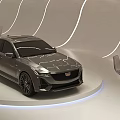 Contemporary Car Showroom Showcasing Sleek Sedan On Lit Platform With Modern Lighting And Leather Seating