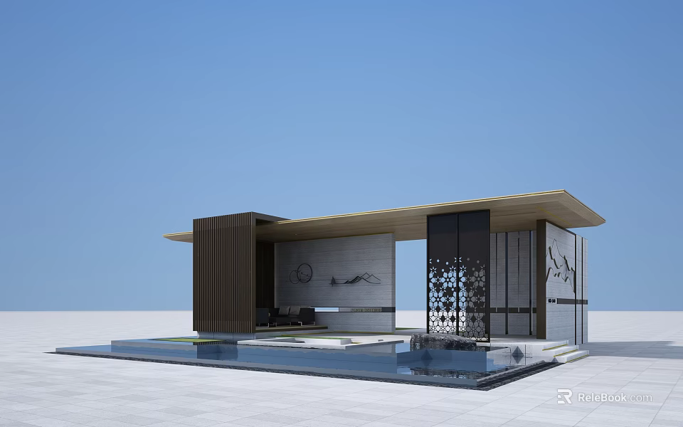 Modern Outdoor Pavilion With Wooden Structure Glass Walls And Water Pool 3d model 