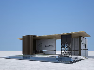 Modern Outdoor Pavilion With Wooden Structure Glass Walls And Water Pool 3d model
