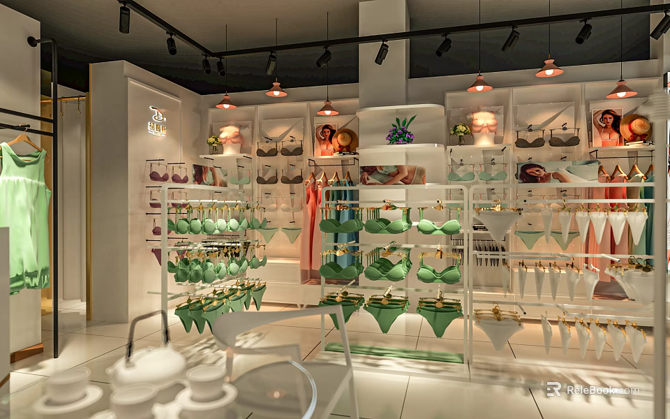 Lingerie Store Interior With Green Bras White Panties On Display Racks Modern Lighting And Plants 3d model 