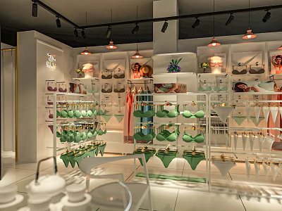 Lingerie Store Interior With Green Bras White Panties On Display Racks Modern Lighting And Plants 3d model