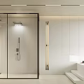 Modern Bathroom Interior Design With Glass Shower Enclosure White Bathtub White Cabinets And Recessed Lighting