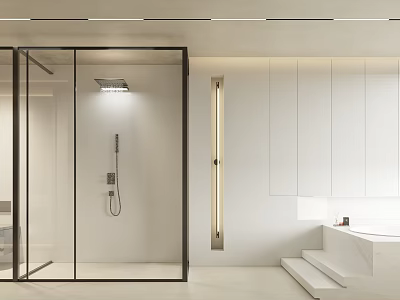 Modern Bathroom Interior Design With Glass Shower Enclosure White Bathtub White Cabinets And Recessed Lighting 3d model