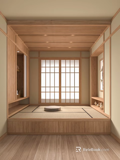 Traditional Japanese Tatami Bedroom With Wooden Shoji Doors And Platform Design 3d model 
