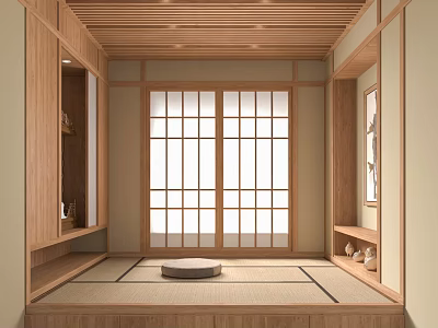 Traditional Japanese Tatami Bedroom With Wooden Shoji Doors And Platform Design 3d model