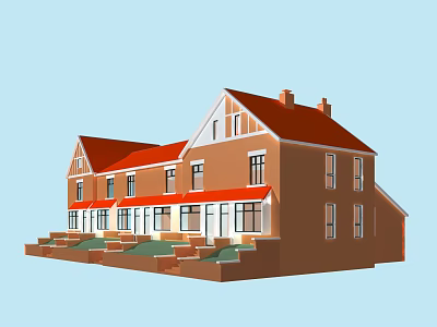 Cartoon Scene of Cute House with Red Roof Brown Walls Windows and Porch Steps 3d model