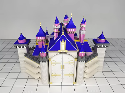 Ancient Castle Architecture With Purple Spires Blue Roofs White Gates And Golden Decorations 3d model